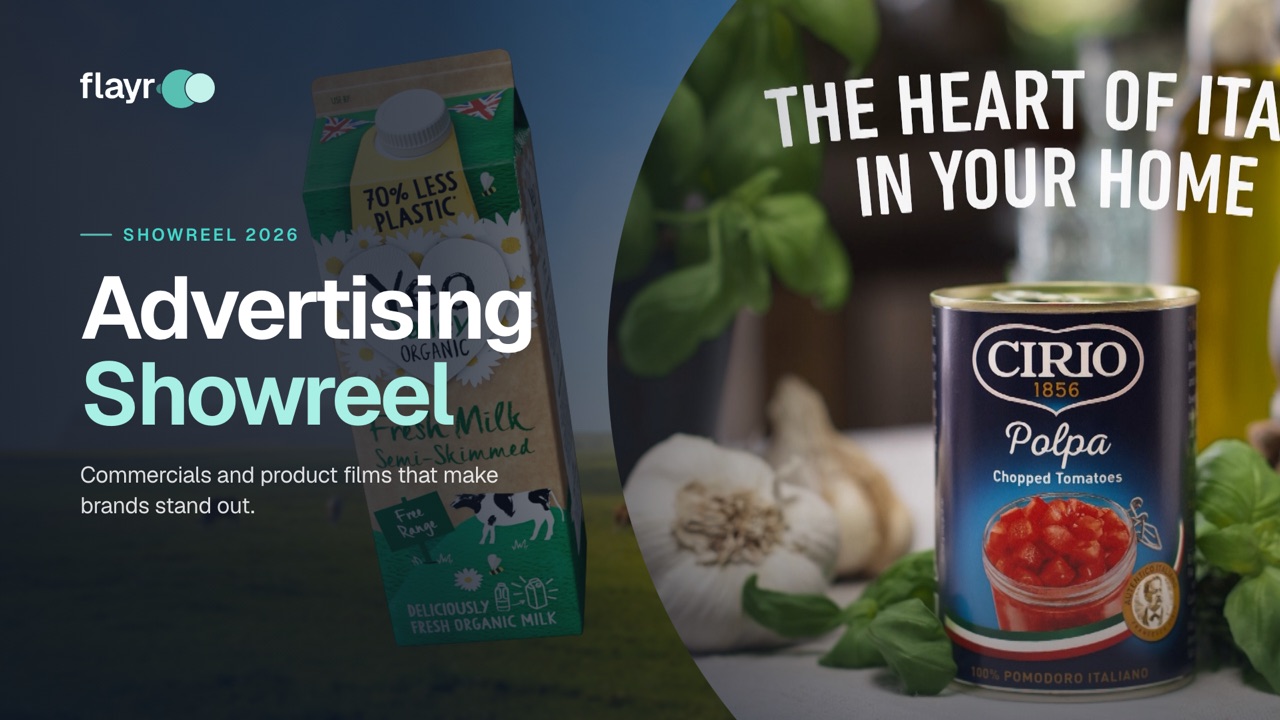Flayr Advertising Showreel 2026 poster: an organic milk carton and a tin of chopped tomatoes