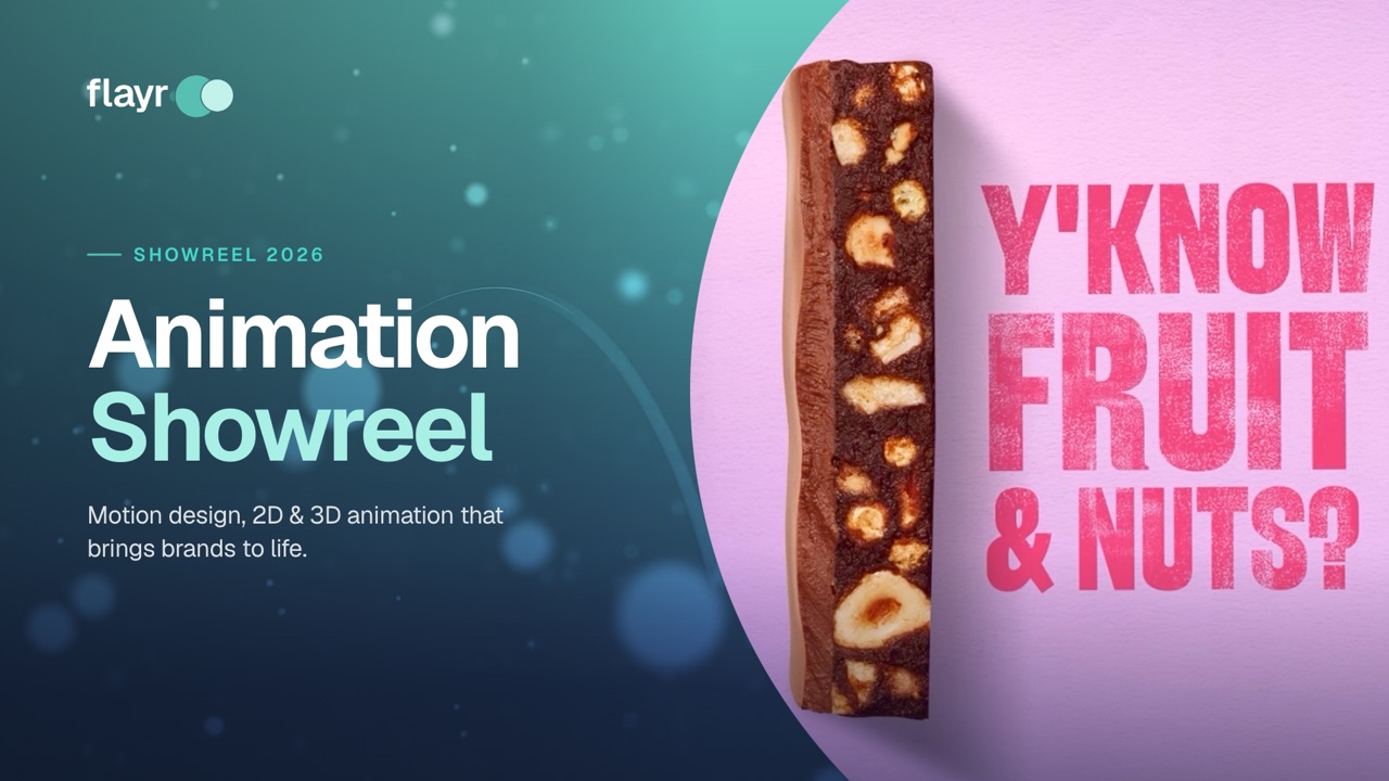 Flayr Animation Showreel 2026 poster: an animated fruit and nut bar beside bold lettering