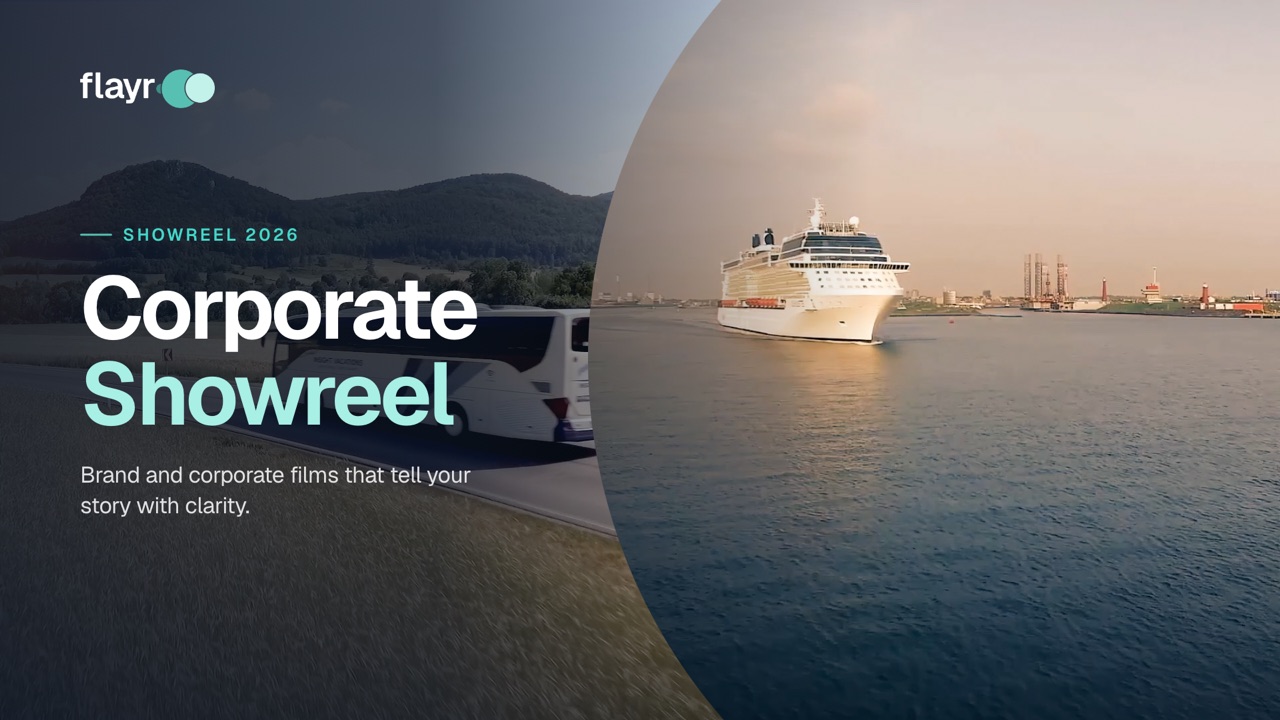 Flayr Corporate Showreel 2026 poster: a coach on a country road and a cruise ship at sea