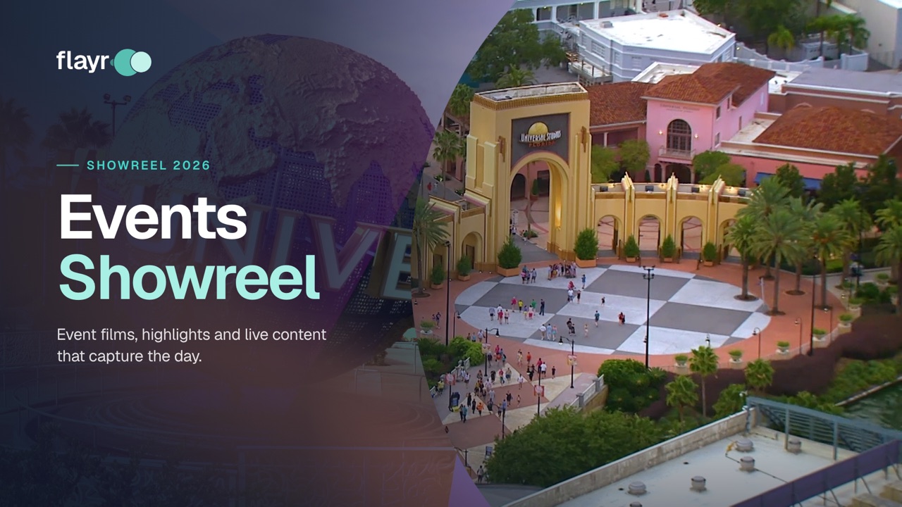 Flayr Events Showreel 2026 poster: aerial view of a theme park entrance